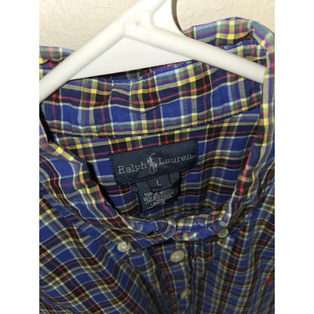 Polo Ralph Lauren Shirt Women Large 18 Red Blue Plaid LS Button Up USA‎ Made Vtg